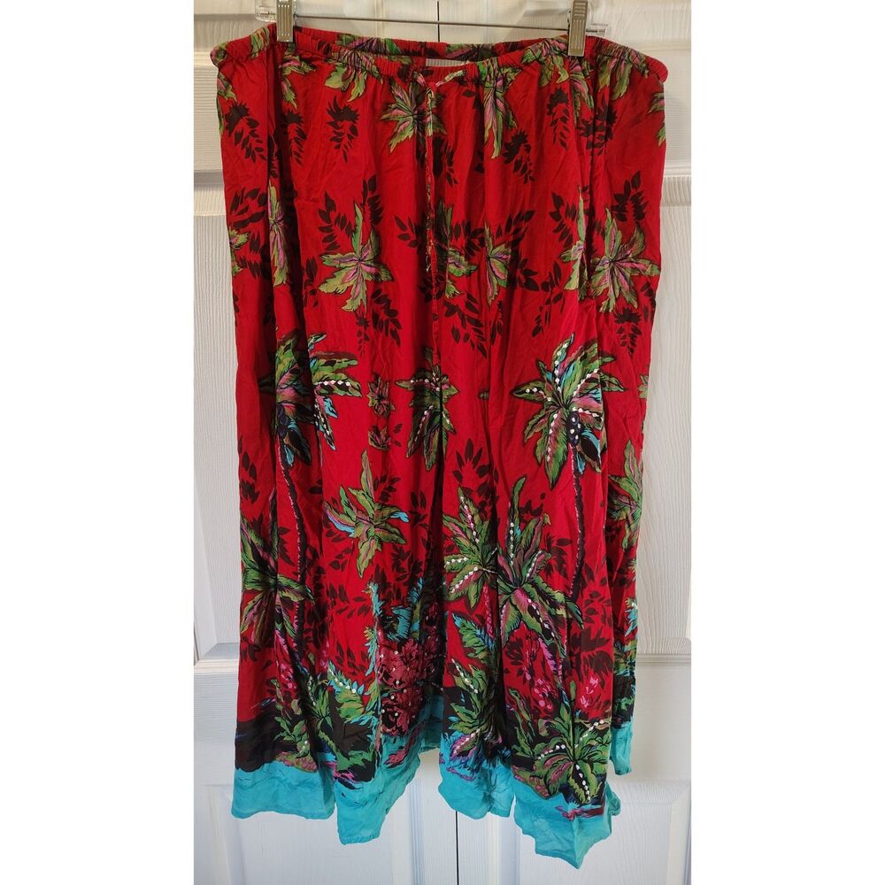 White Stag XL Red Tropical Palm Tree Floral Midi Skirt Elastic Drawstring Waist